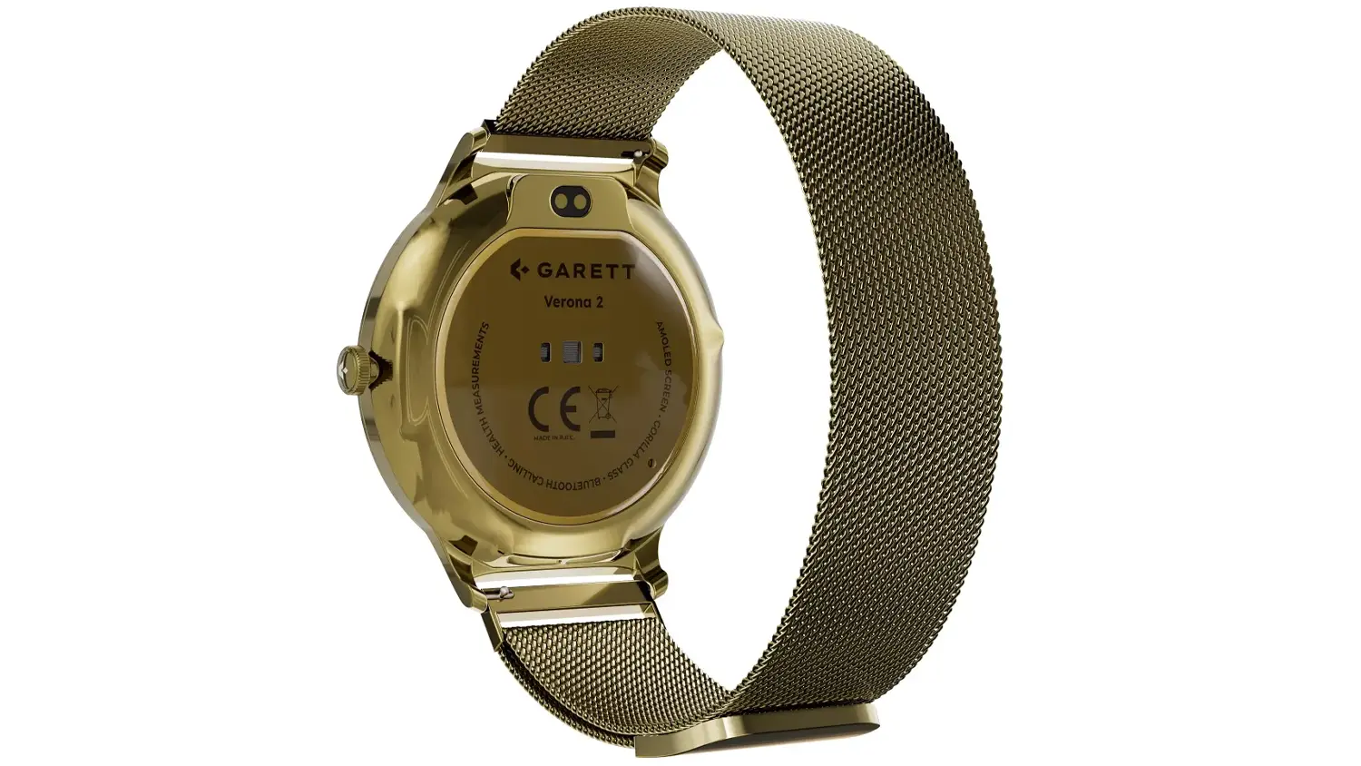 Chytr&eacute; hodinky Garett Verona 2 Gold Mesh Steel pohled zezadu na cifern&iacute;k