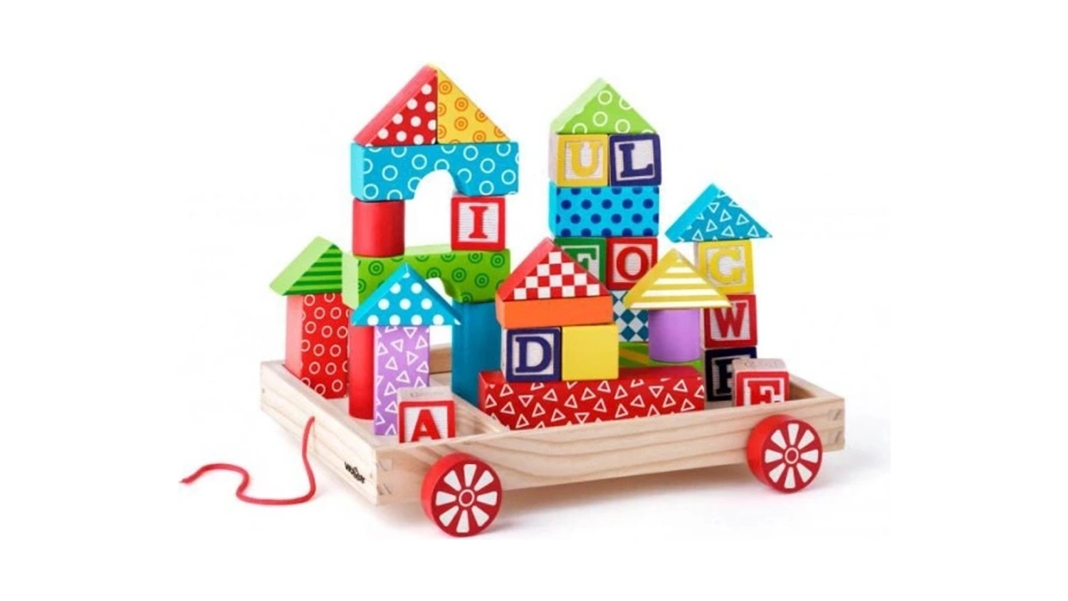 Vozík tahací s kostkami a razítky 35 ks