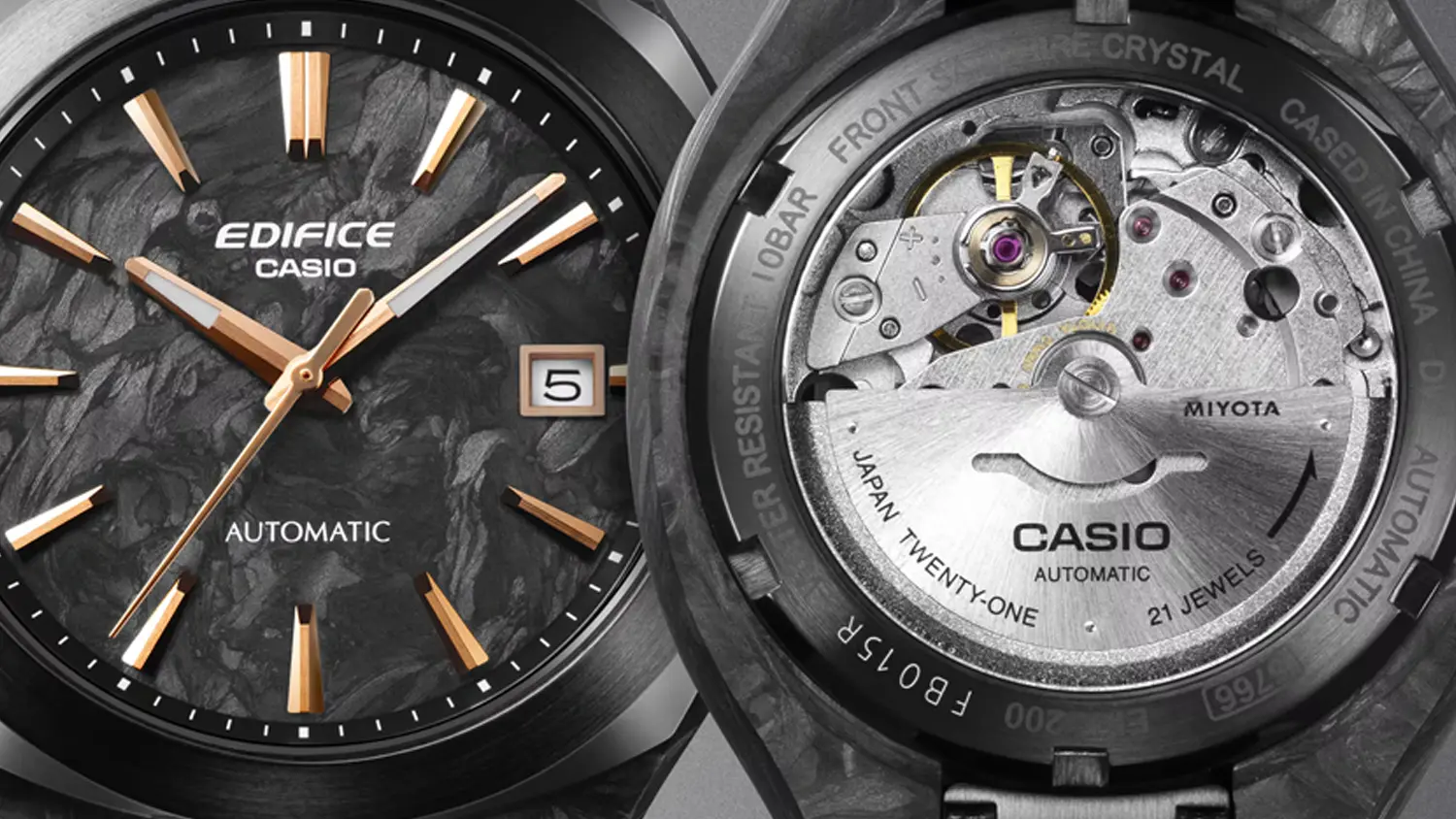 Detail cifern&iacute;ku a průhledn&eacute;ho d&yacute;nka p&aacute;nsk&yacute;ch n&aacute;ramkov&yacute;ch hodinek Casio z řady EFK-200