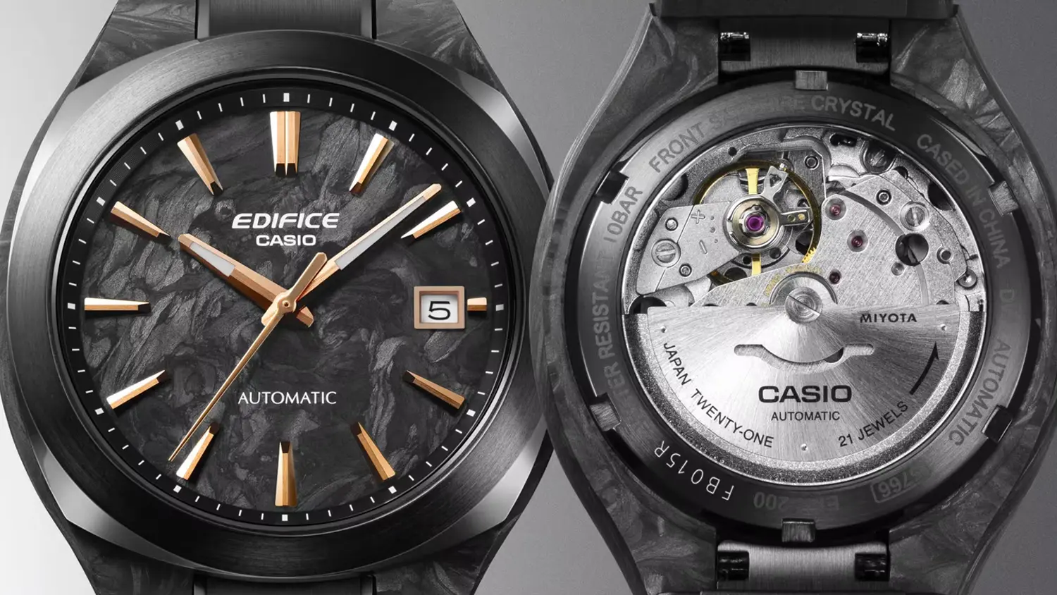 Detail cifern&iacute;ku a průhledn&eacute;ho d&yacute;nka p&aacute;nsk&yacute;ch n&aacute;ramkov&yacute;ch hodinek Casio z řady EFK-200