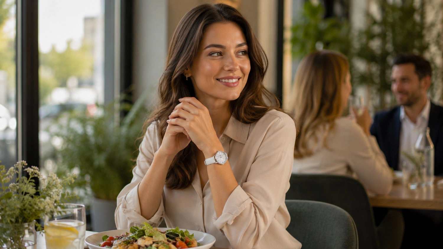 Žena v restauraci má na ruce hodinky Lee Cooper LC08242.323