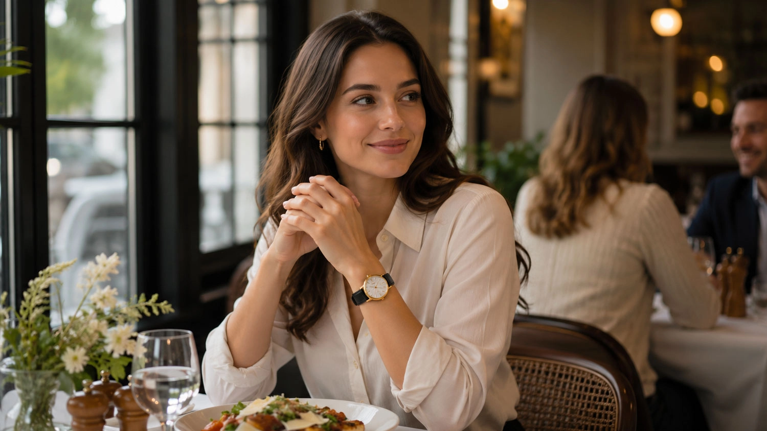 Žena v restauraci má na ruce hodinky Lee Cooper LC08242.131