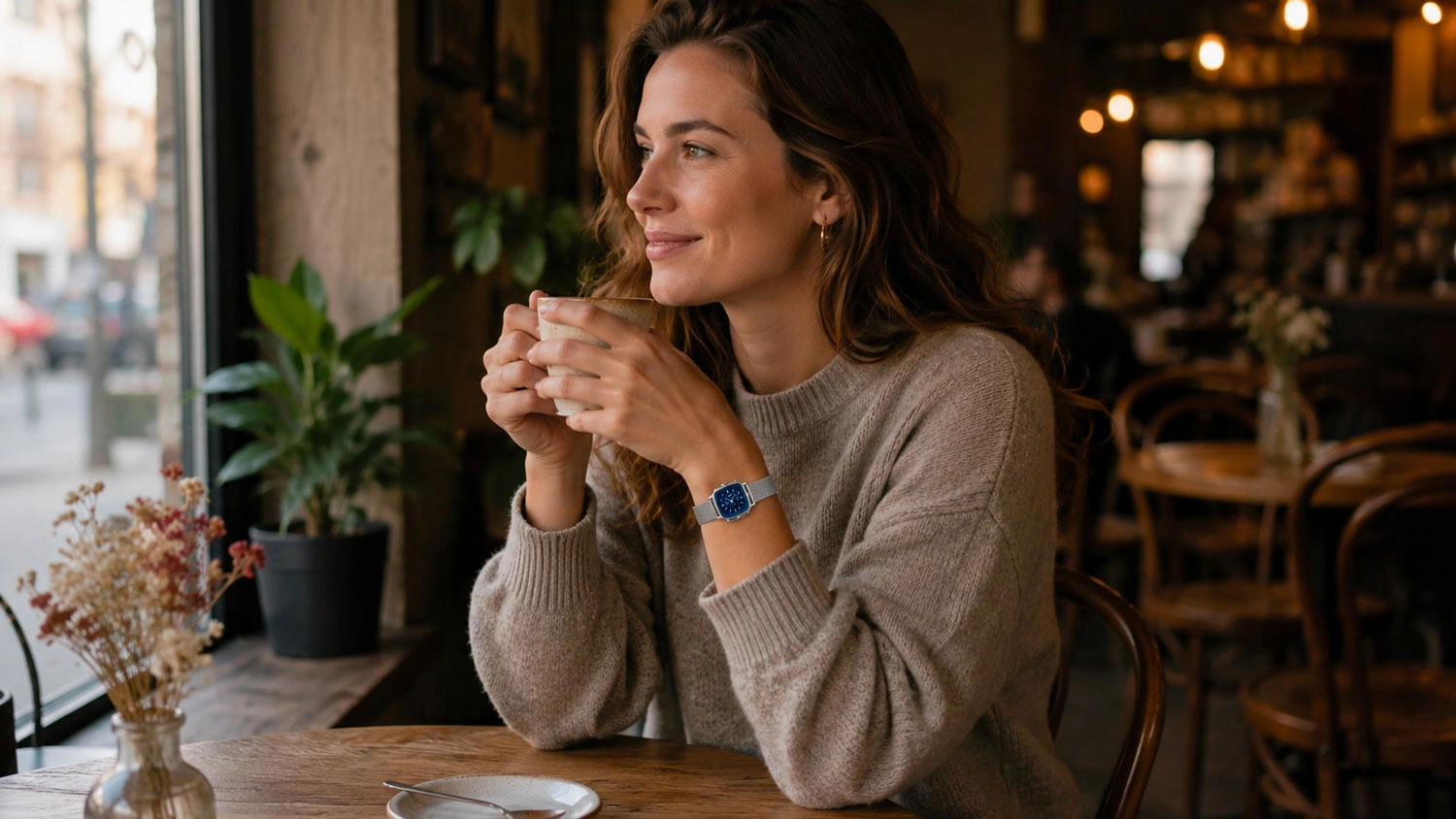 D&aacute;msk&eacute; n&aacute;ramkov&eacute; hodinky Lee Cooper LC08280.390 na z&aacute;pěst&iacute; ženy v kav&aacute;rně