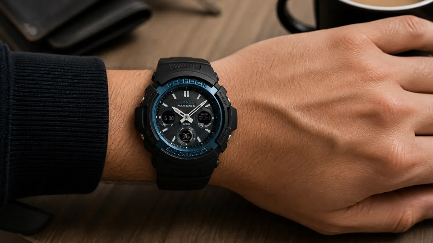 Detail pánskych hodiniek Casio G-SHOCK AWG-M100A-1AER na ruke