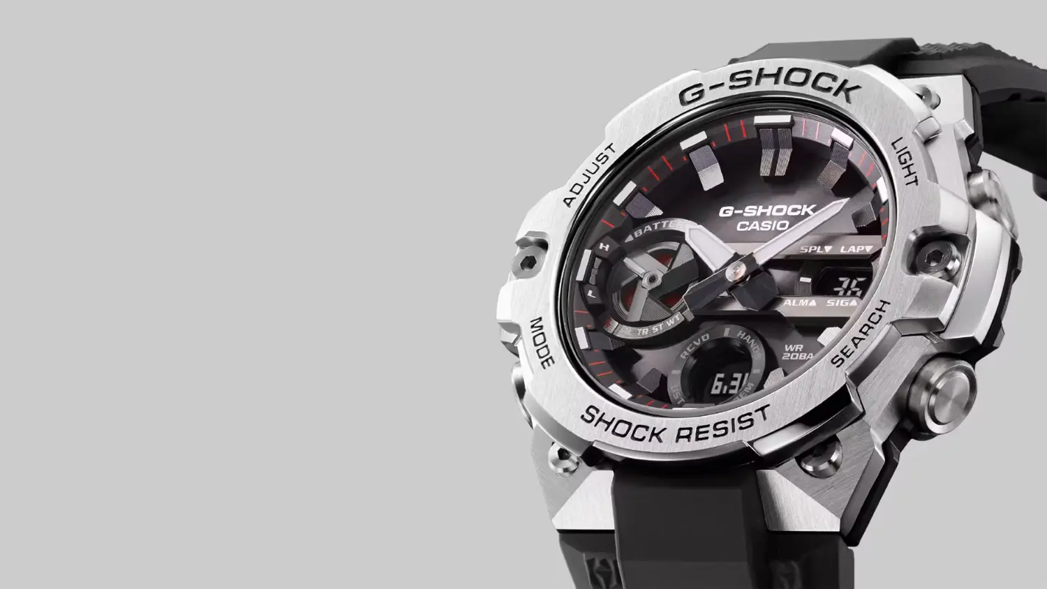 Detail na&nbsp;cifern&iacute;k p&aacute;nskych n&aacute;ramkov&yacute;ch hodiniek Casio GST-B400-1AER G-SHOCK