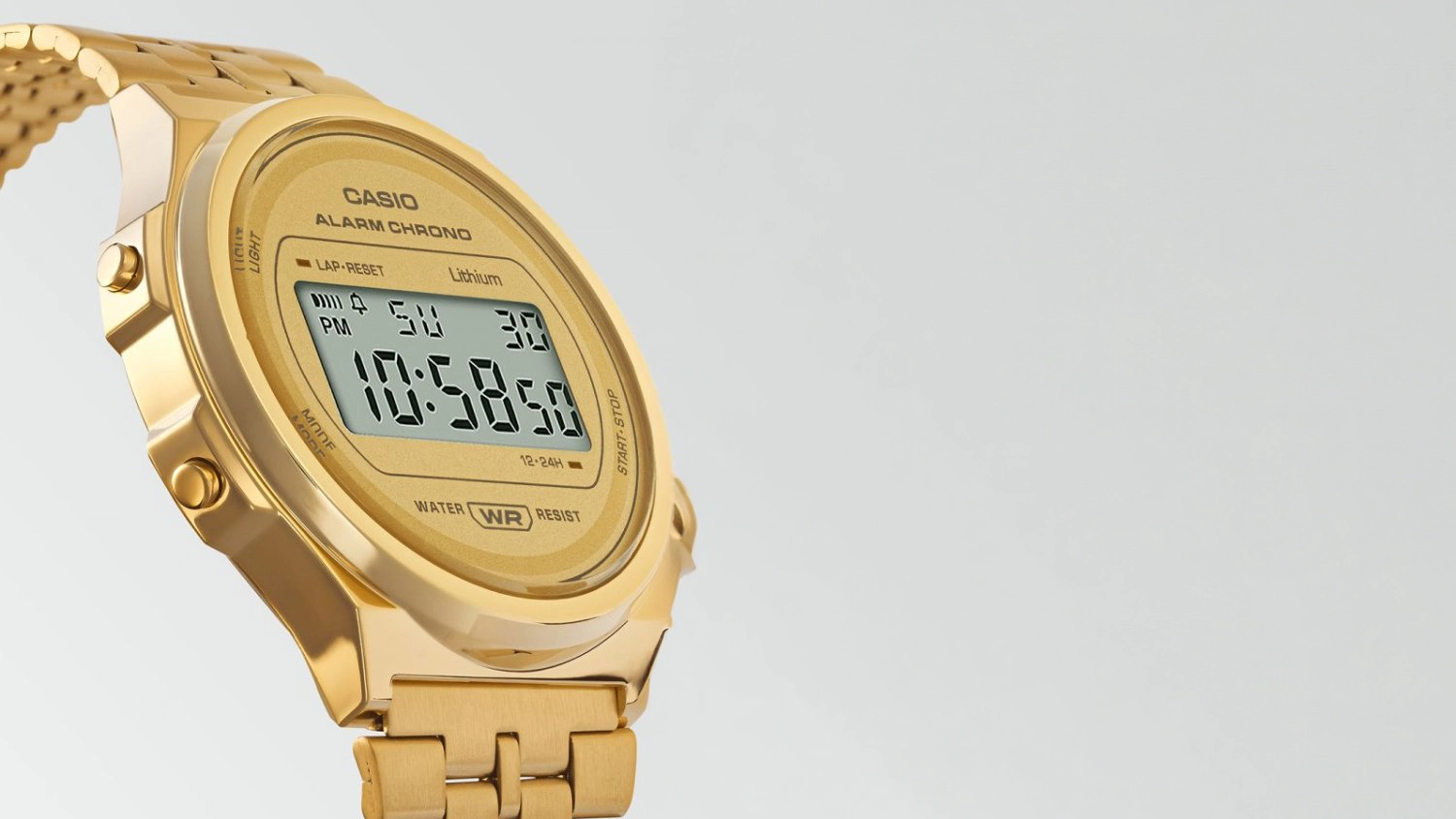 Bliž&scaron;&iacute; pohled na cifern&iacute;k n&aacute;ramkov&yacute;ch hodinek Casio A171WEG-9AEF Vintage