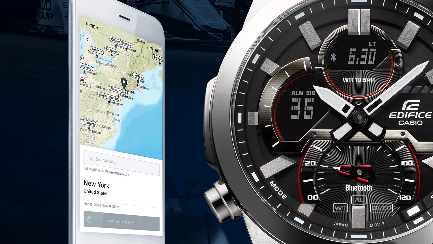 Detail p&aacute;nskych hodiniek Casio EDIFICE ECB-30D-1AEF vedľa telef&oacute;nu zn&aacute;zorňuj&uacute;ci Bluetooth pripojenie