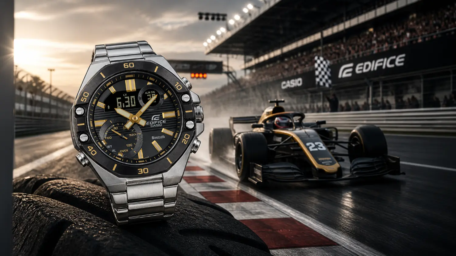 P&aacute;nske hodinky Casio ECB-10DB-1A9EF s dizajnom in&scaron;pirovan&yacute;m motorsportom
