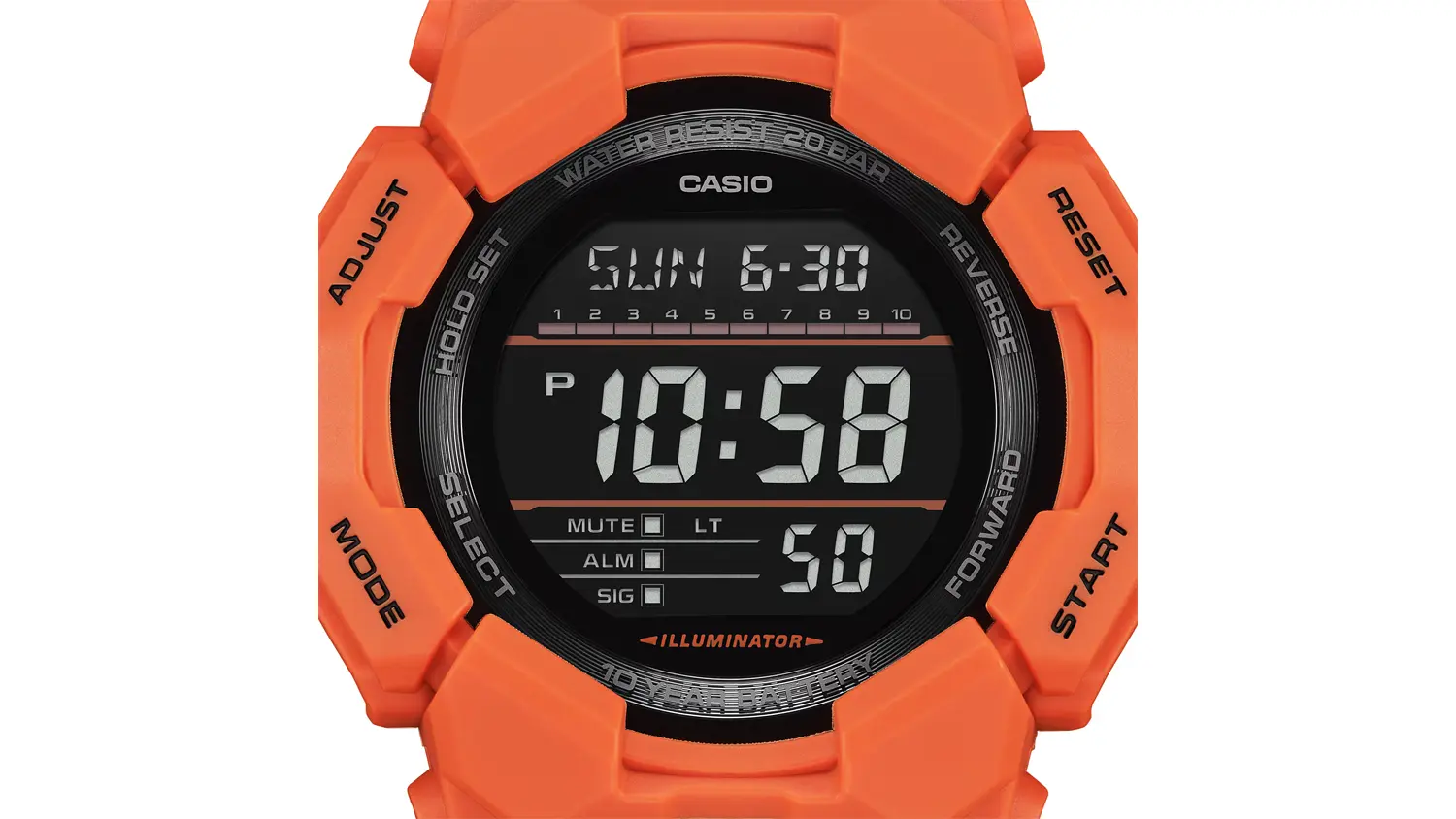 Displej náramkových hodinek Casio G-SHOCK GD-010-4ER zblízka