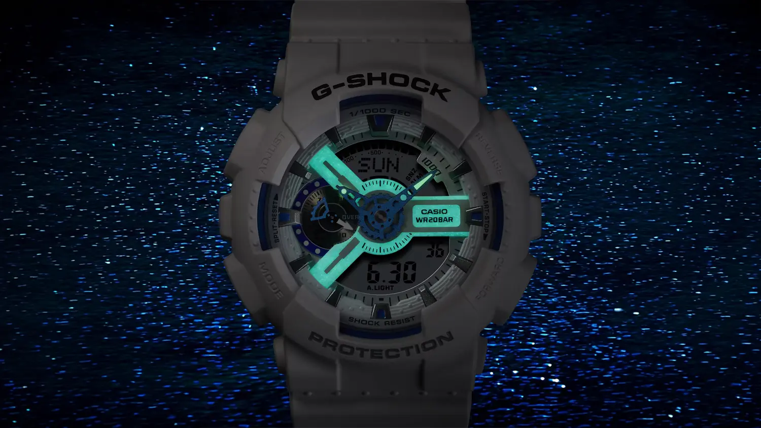 Modrý fosforeskujúci displej pánskych náramkových hodiniek Casio GA-110HDS-7AER