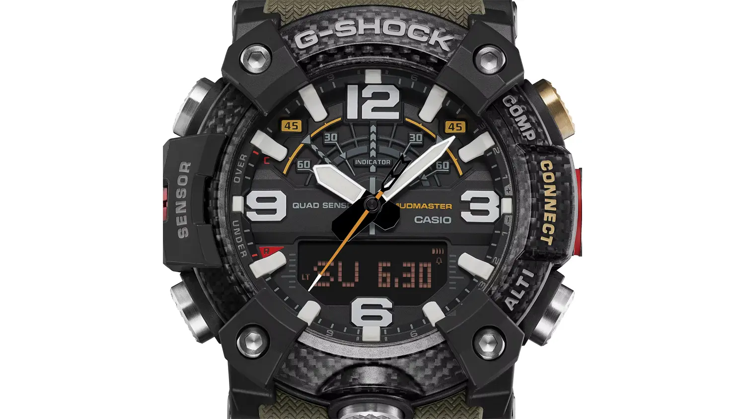 Detail displeja pánskych náramkových hodiniek Casio GG-B100X-1A3ER G-SHOCK PRO
