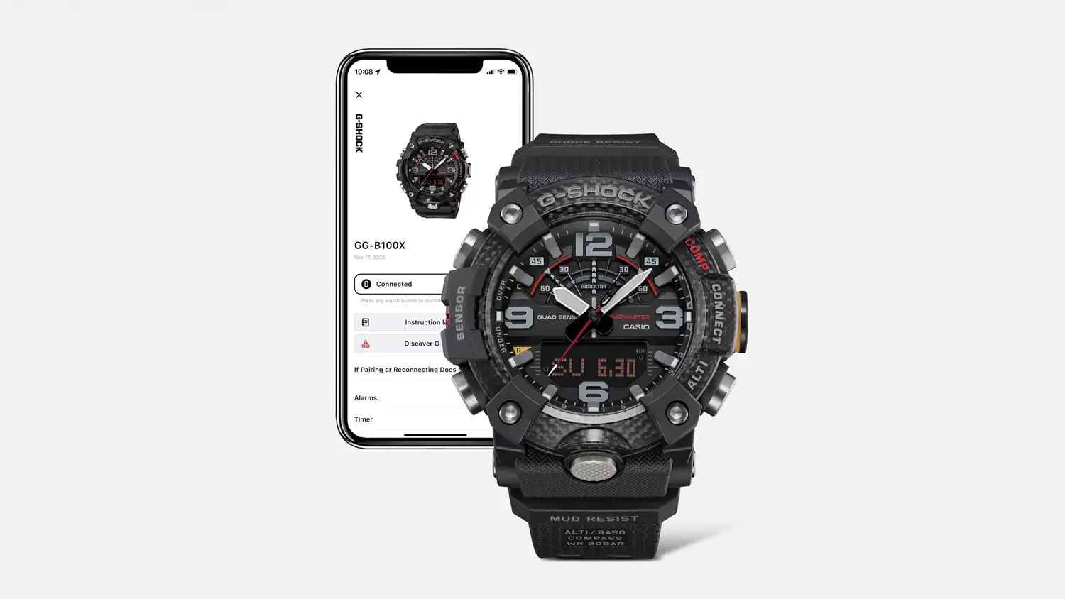 Pánske náramkové hodinky Casio GG-B100X-1A3ER s mobilom v pozadí, v ktorom je otvorená aplikácia CASIO WATCHES