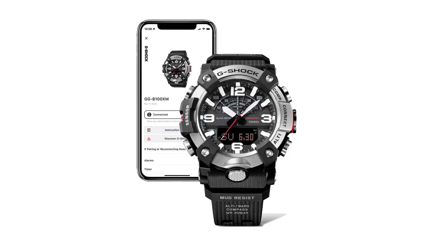 Pánske náramkové hodinky Casio GG-B100XM-1AER s mobilom v pozadí, v ktorom je otvorená aplikácia CASIO WATCHES