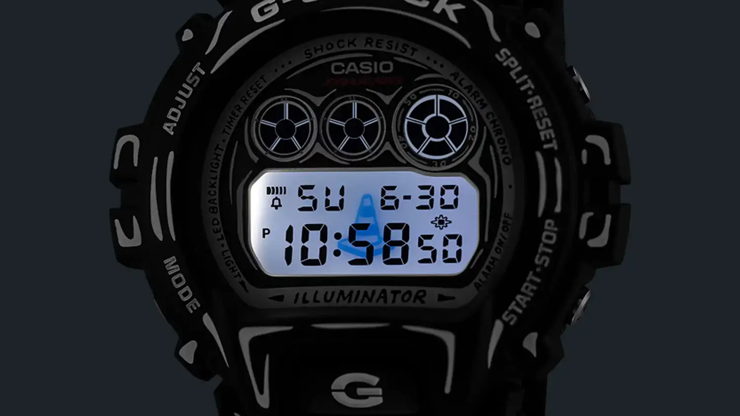 Rozsvietený displej hodiniek Casio G-SHOCK DW-6900JV-1ER