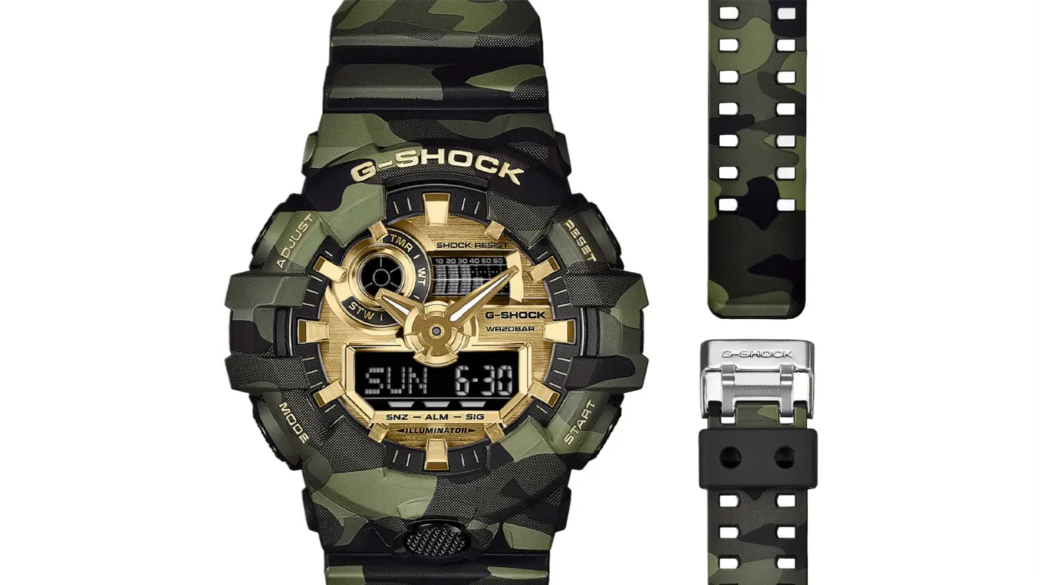 Detail pouzdra a řem&iacute;nku hodinek Casio GA-700CMG-3AER G-SHOCK