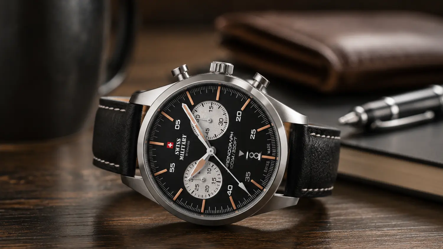 P&aacute;nsk&eacute; n&aacute;ramkov&eacute; hodinky Swiss Military SM34090.03 položen&eacute; na stole.