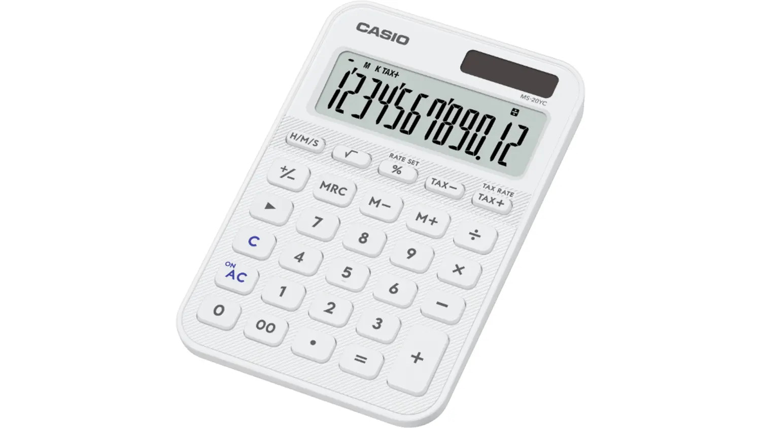 Stolov&aacute; kalkulačka Casio MS 20 YC WE biela z prav&eacute;ho uhla