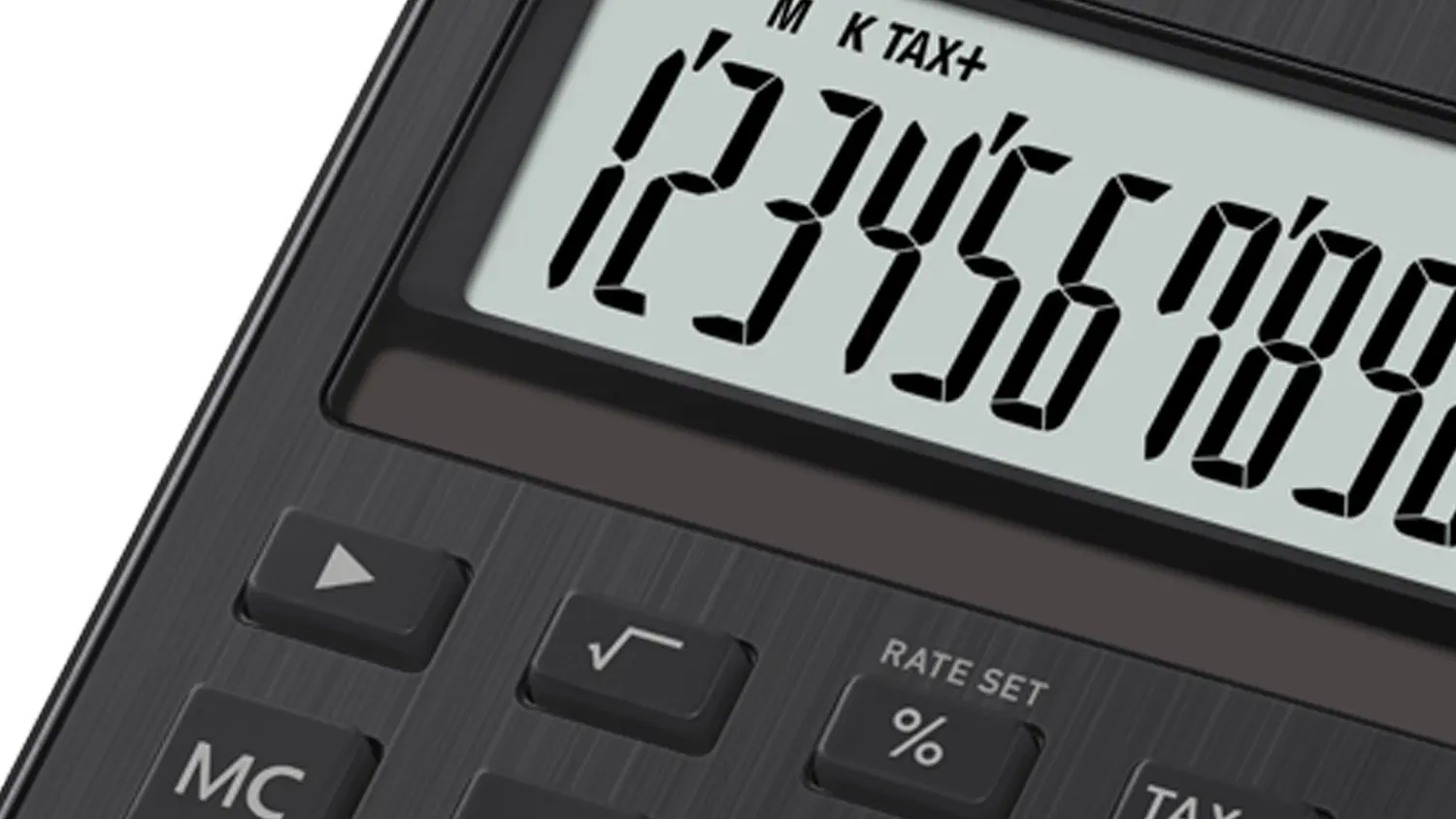 Detail na displej bielej stolovej kalkulačky Casio