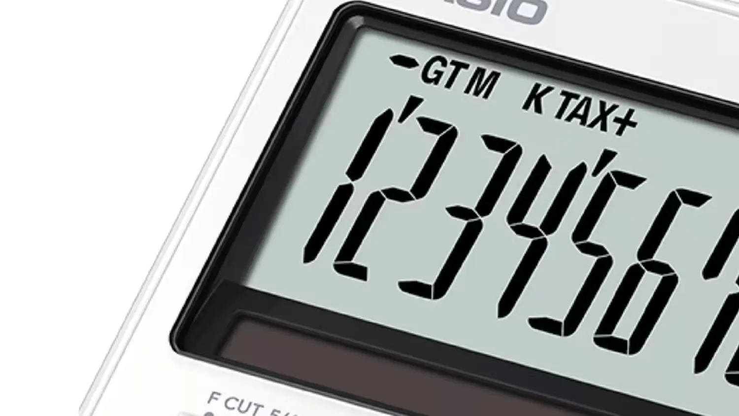 Detail na displej bielej stolovej kalkulačky Casio