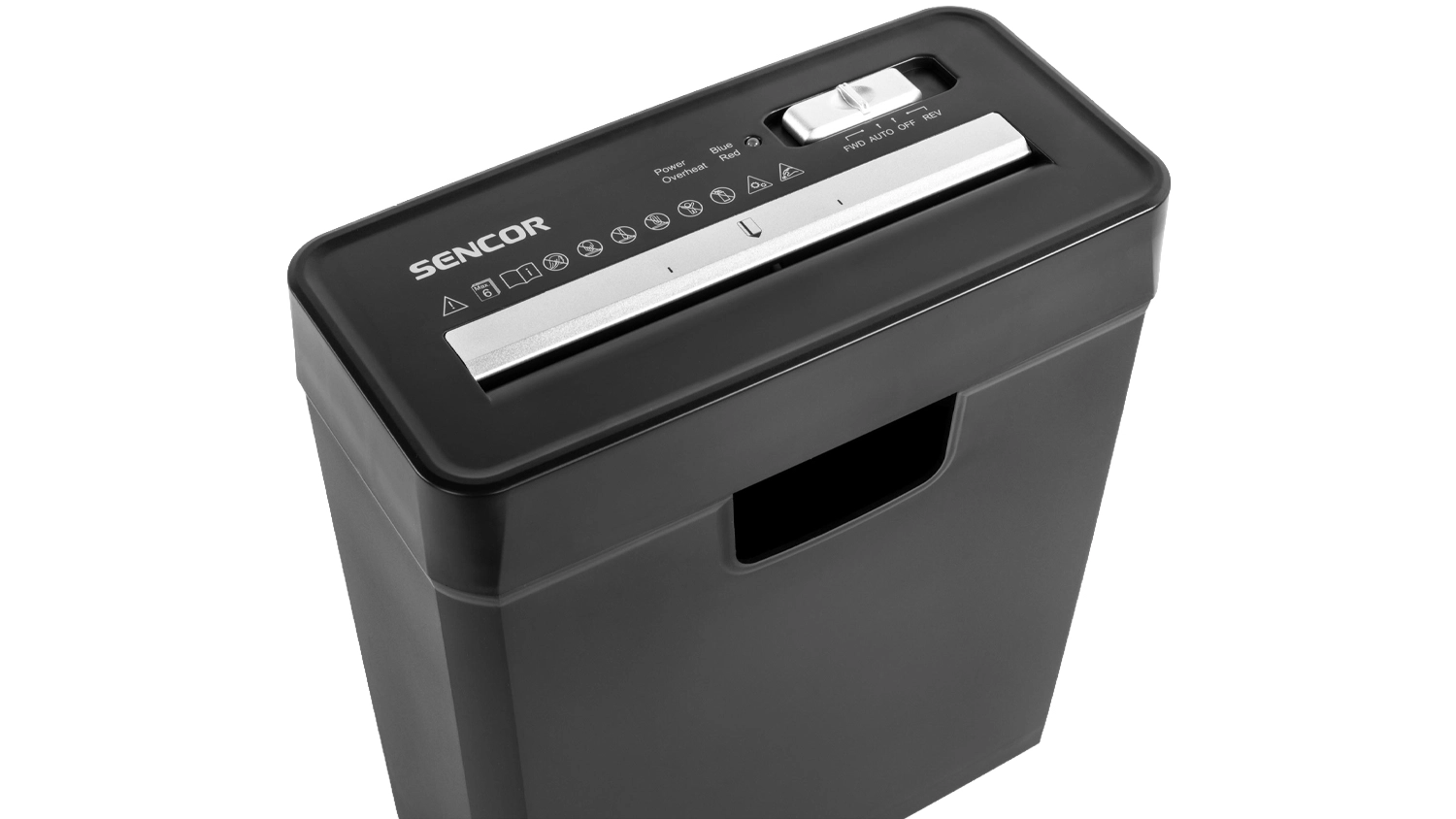 Sencor SSK 161 Strip Cut Shredder in operation with documents showing control elements
