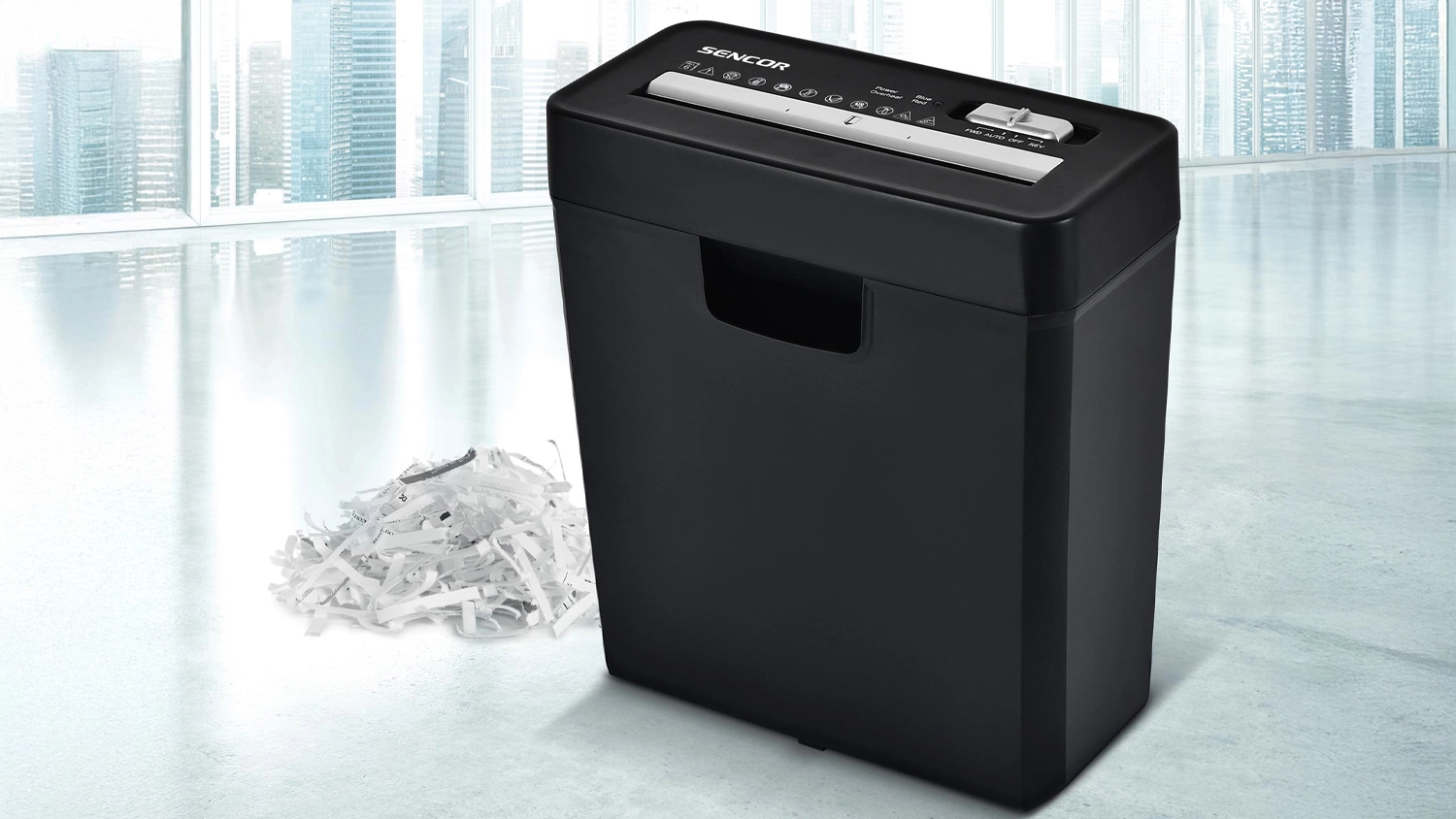 Illustration of the Sencor SSK 161 Strip Cut Shredder in an office
