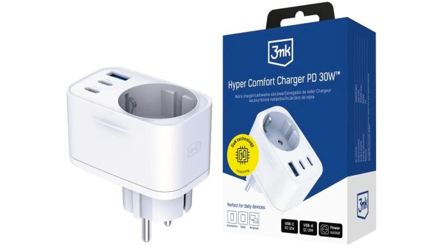 Nabíječka 3MK Hyper Comfort Charger GaN PD 30W vedle originálního balení