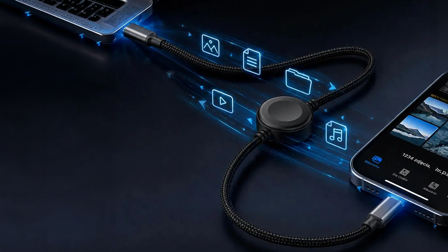 Napájecí kabel 3MK incharge OmniLink 100W PD propojený s mobilním telefonem a notebookem