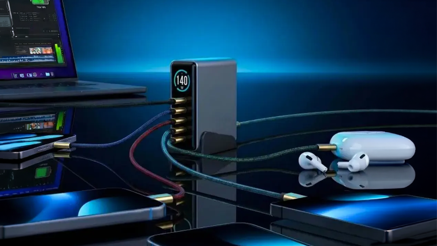 Nabíjecí stanice 3mk InCharge Lumin PD3.2 140W na stole s připojenou elektronikou