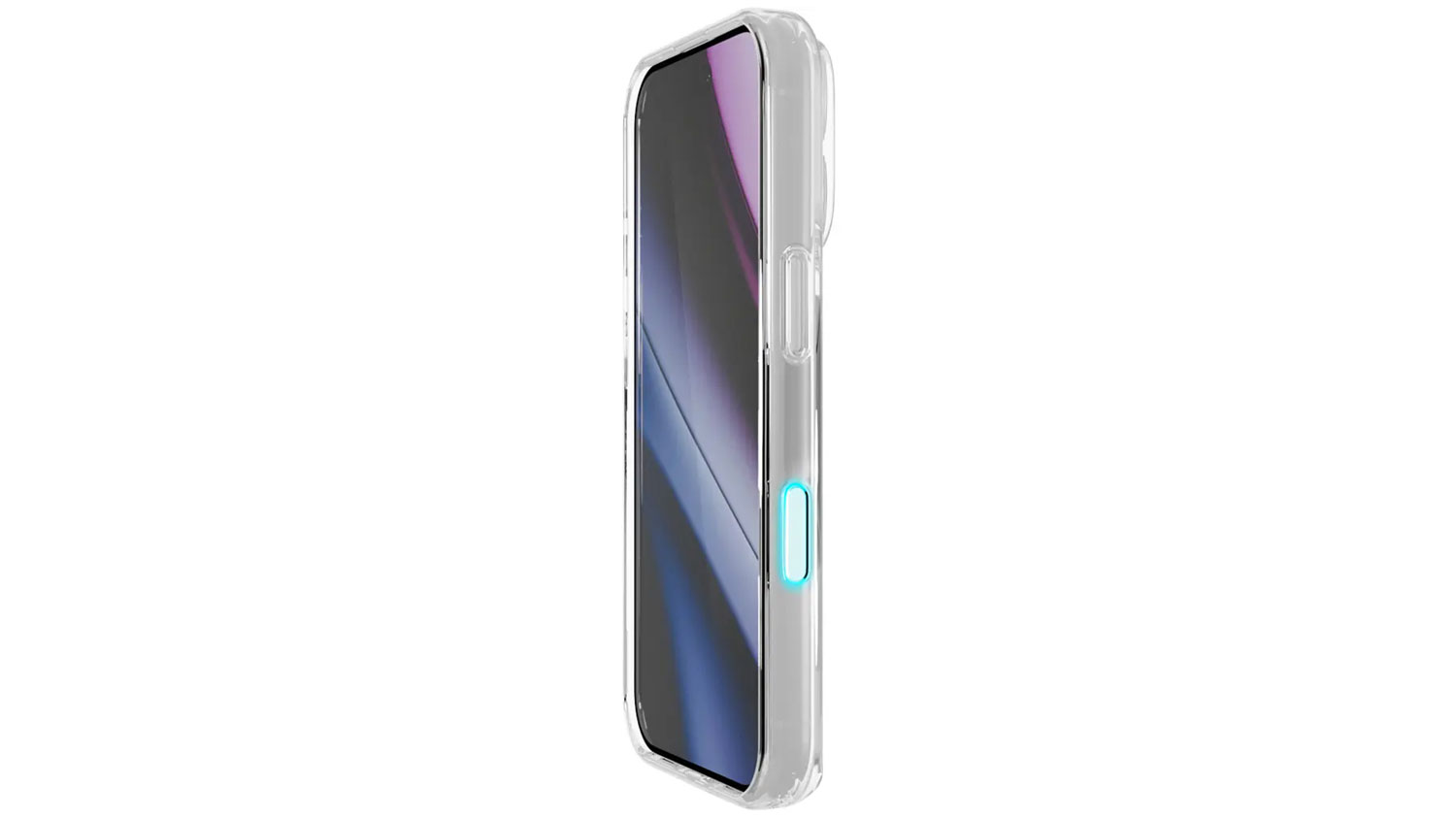 Bočn&iacute; pohled na telefon v ochrann&eacute;m krytu Epico se světle modře zv&yacute;razněn&yacute;m postrann&iacute;m tlač&iacute;tkem.