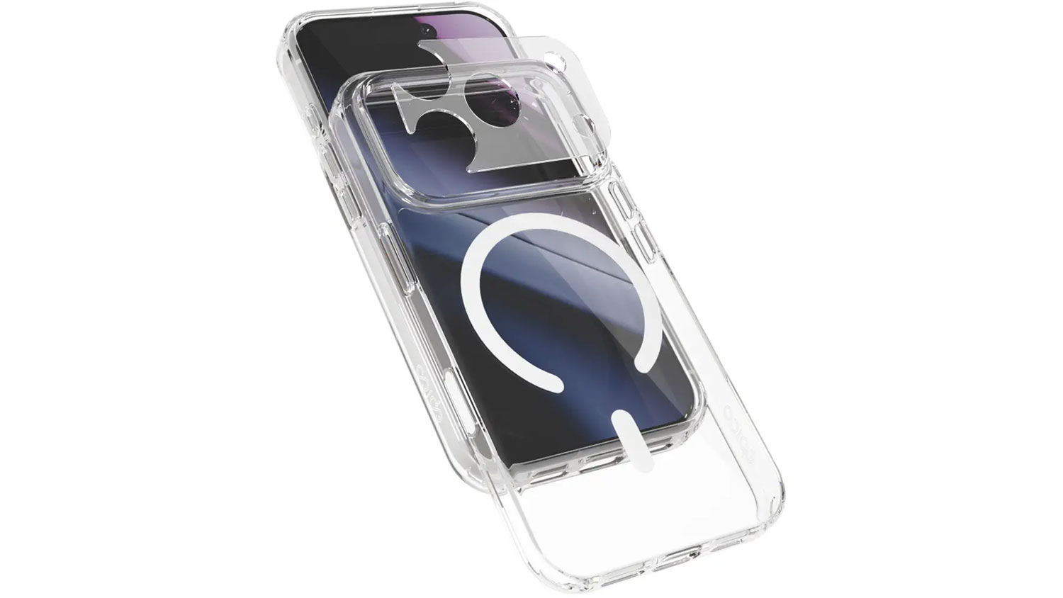 Čir&yacute; kryt Epico Hero Mag+ s r&aacute;mečkem pro fotoapar&aacute;t v detailn&iacute;m rozložen&eacute;m pohledu s iPhonem.