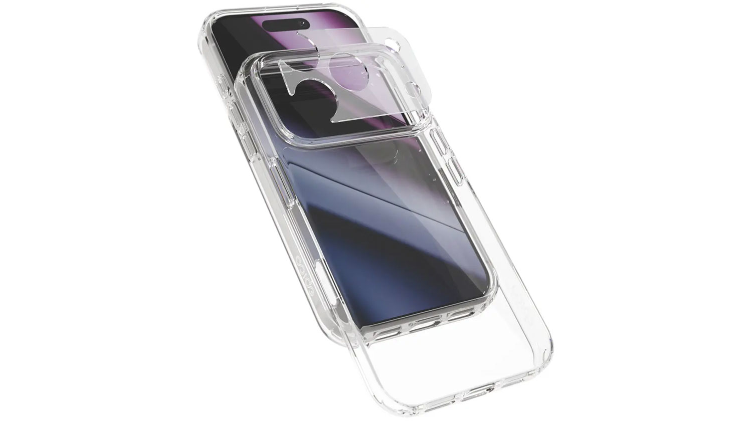 Čirý kryt Epico Hero Mag+ s rámečkem pro fotoaparát v detailním rozloženém pohledu s iPhonem.