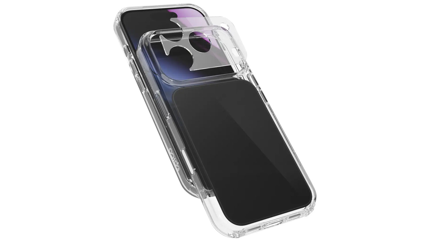 Průhledný kryt Epico Tile Mag+ s bílým kruhem MagSafe a ochranným modulem fotoaparátu zobrazený na telefonu.