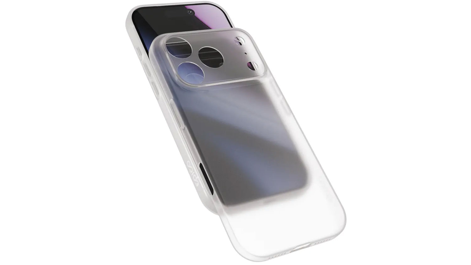 Čirý matný kryt Epico AirMatte částečně nasazený na telefonu iPhone s výřezem pro fotoaparát a boční tlačítka.