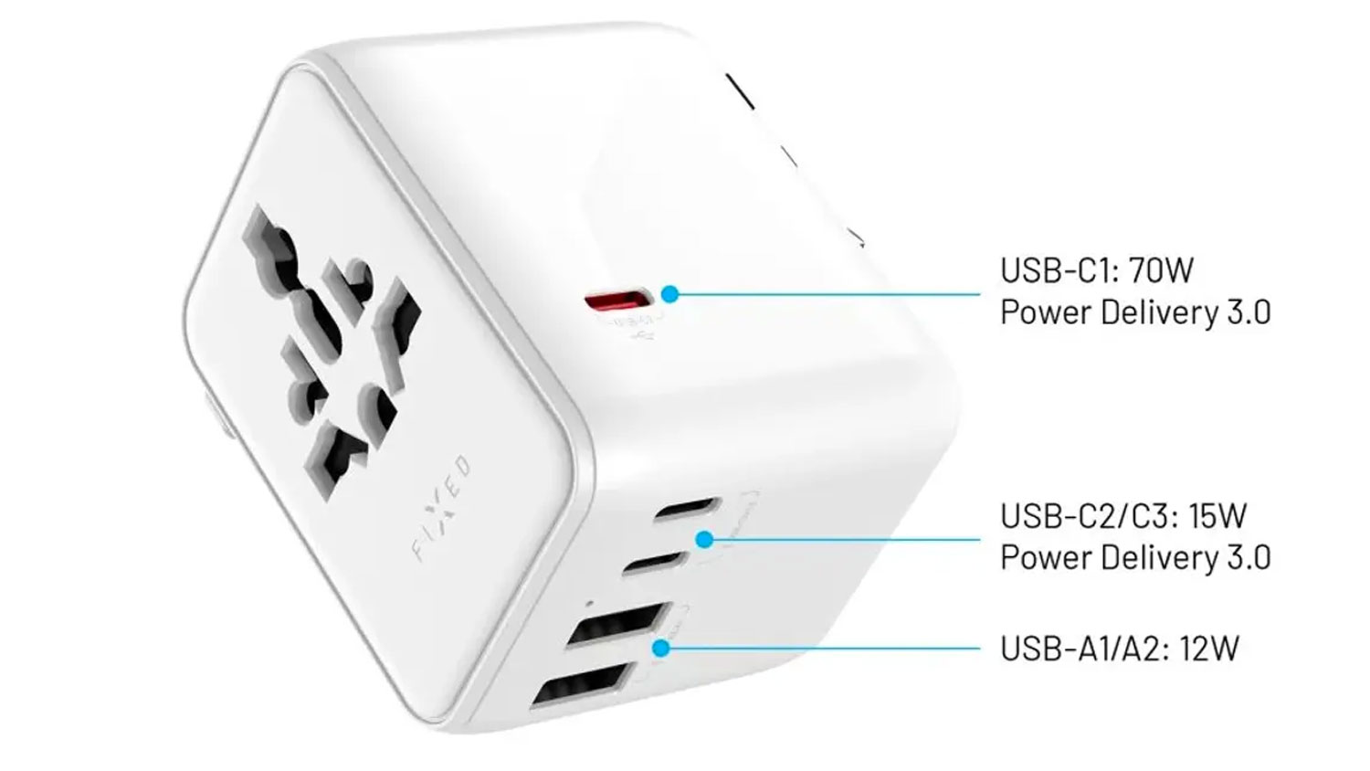 B&iacute;l&yacute; cestovn&iacute; adapt&eacute;r FIXED Voyager s rozpisem v&yacute;konu portů: USB-C1 70 W, USB-C2/C3 15 W a USB-A1/A2 12 W.