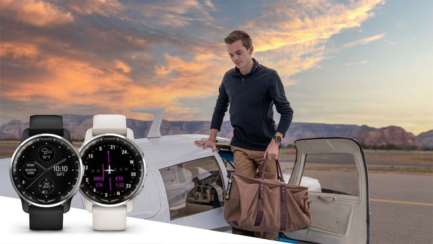 Muž na letišti a hodinky Garmin