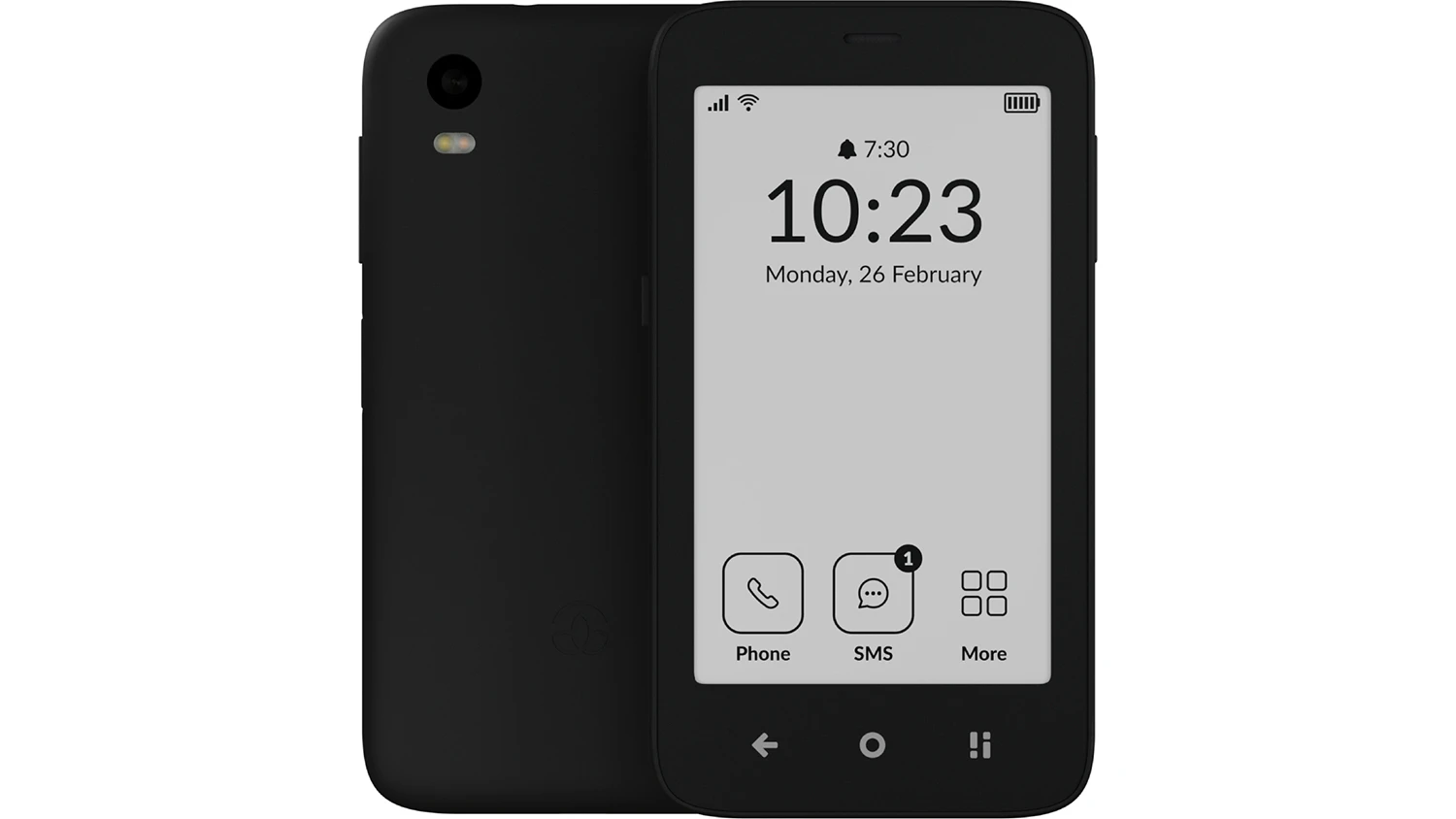 Mobiln&iacute; telefon Mudita Kompakt E-ink 3/32GB čern&yacute; zepředu a zezadu