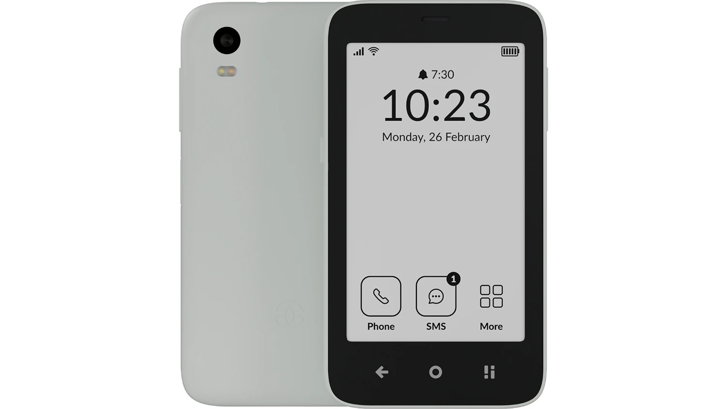 Mobilní telefon Mudita Kompakt E-ink 3/32GB bílý zepředu a zezadu