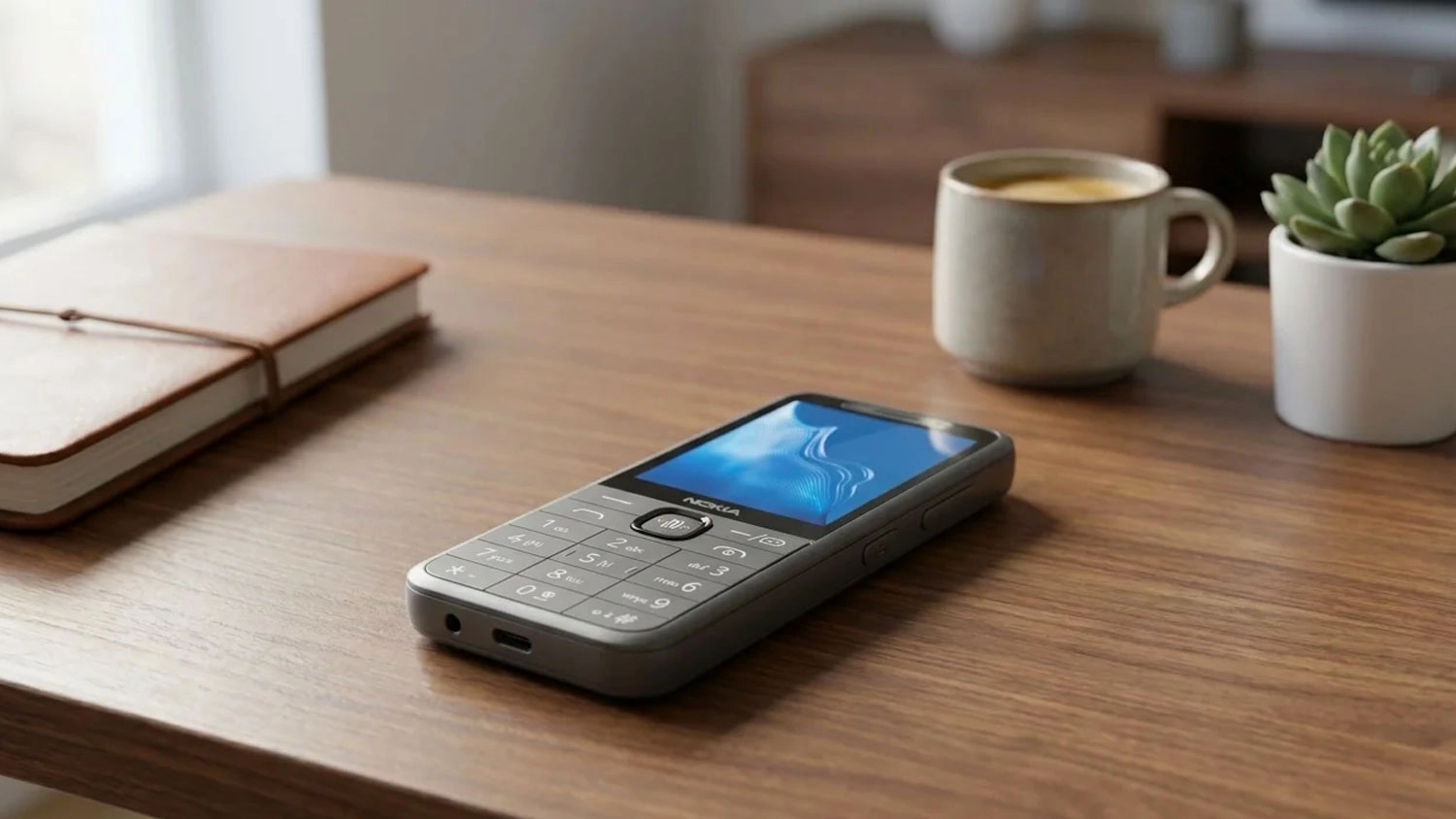 Mobilní telefon Nokia 235 4G ležící na dřevěném stole.
