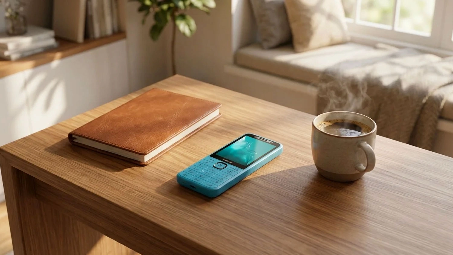 Mobilní telefon Nokia 235 4G ležící na stole vedle zápisníku.