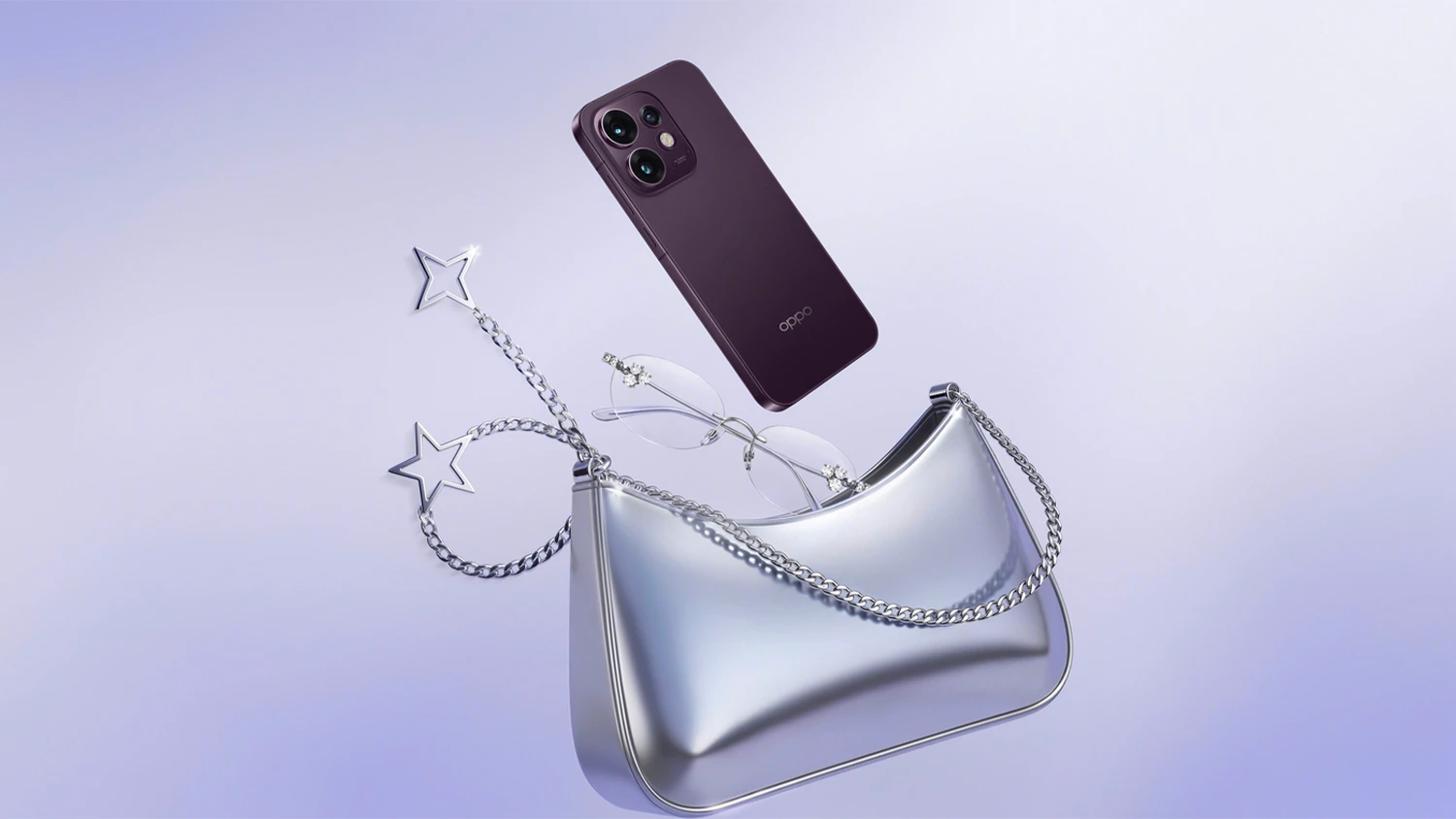 Stř&iacute;brn&aacute; kabelka, br&yacute;le a mobiln&iacute; telefon OPPO Reno16
