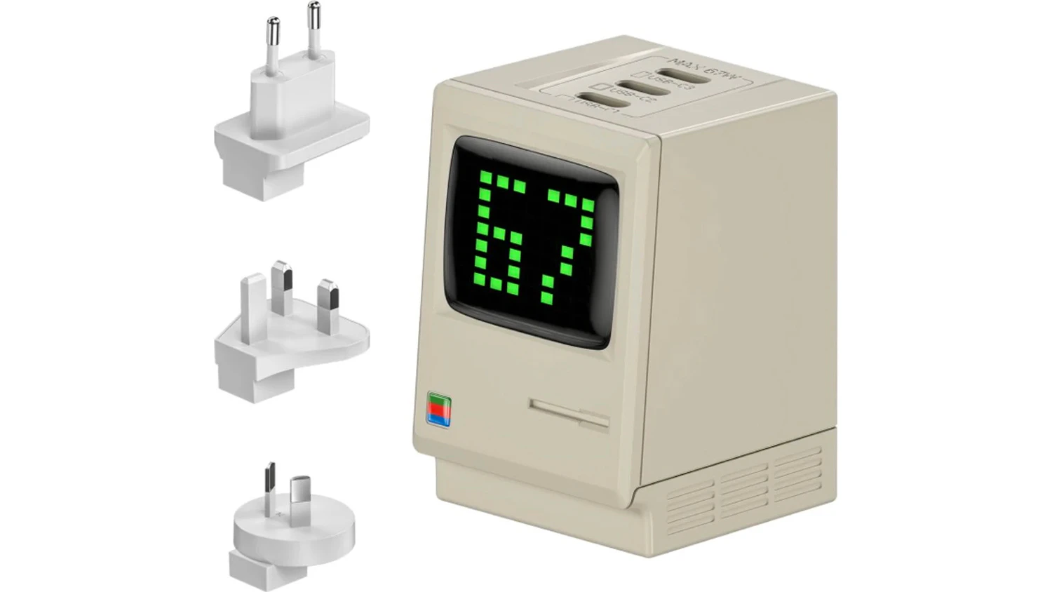Nabíječka do sítě Sharge Retro 67W USB-C GaN bílá zepředu s adaptéry