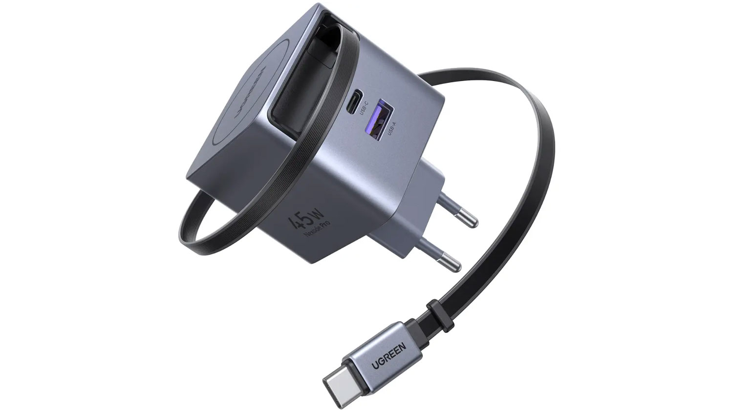 Nabíječka do sítě Ugreen 45 W GaN USB-C / USB-A s vytaženým zatahovacím kabelem