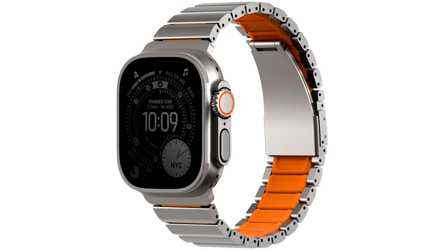 Řemínek na hodinky UNIQ Strova Flex Apple Watch 44 – 49 mm silver/orange