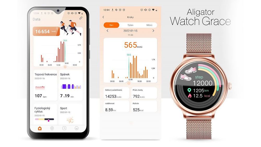 Zobrazení zdravotních dat v chytrých hodinkách Aligator Watch Grace (M4) a v aplikaci telefonu