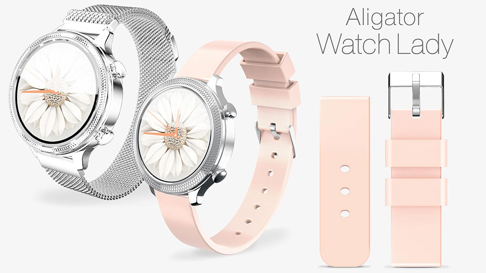 Stříbrné chytré hodinky Aligator Watch Lady (M3) s kovovým milánským tahem a růžovým řemínkem