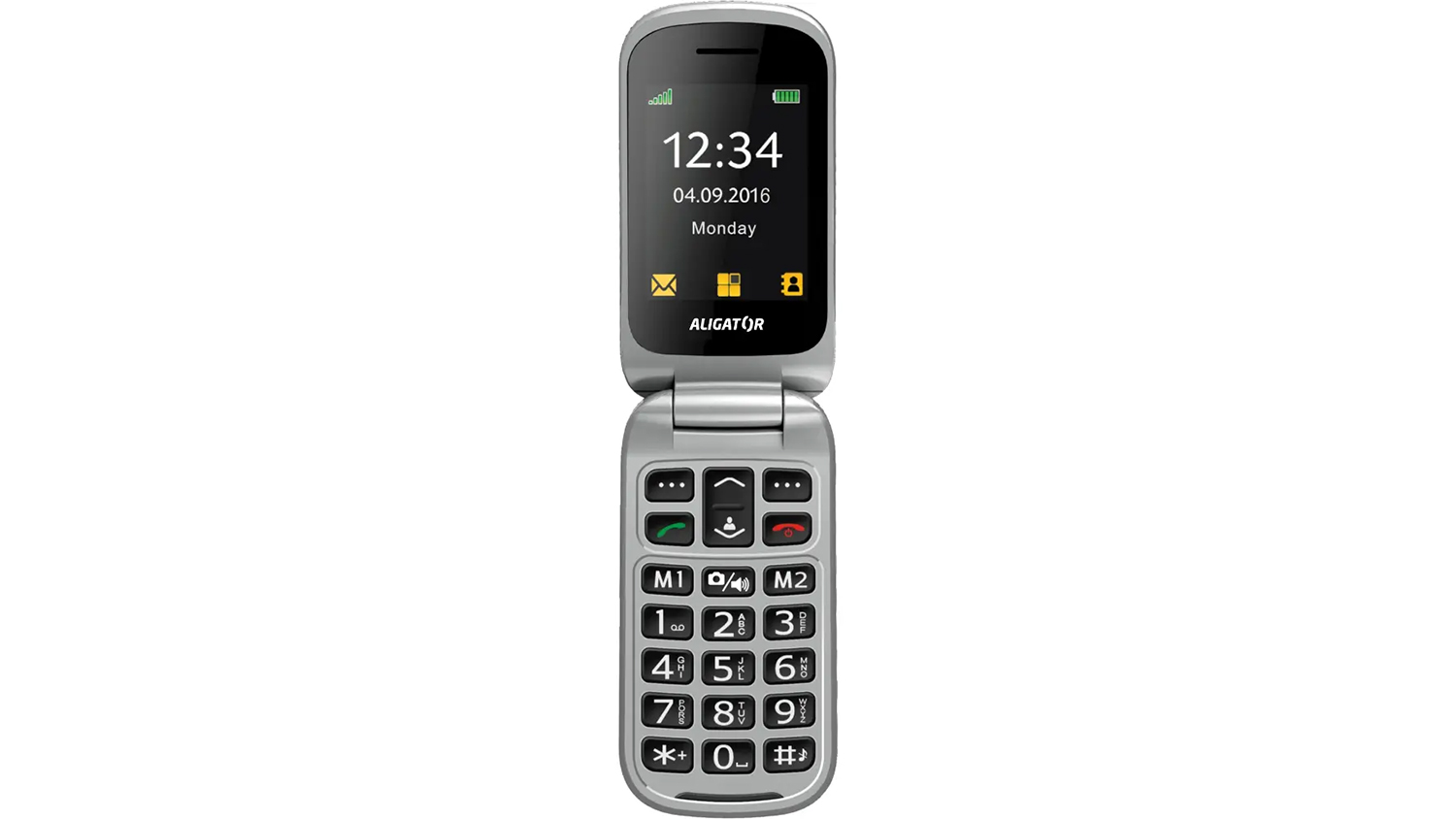 Tlač&iacute;tkov&yacute; telefon Aligator V650 Senior černo-stř&iacute;brn&yacute; na b&iacute;l&eacute;m pozad&iacute; ukazuj&iacute;c&iacute; celkov&yacute; design př&iacute;stroje