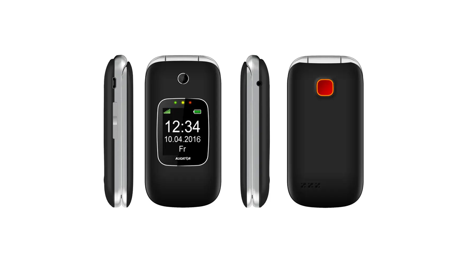 Tlač&iacute;tkov&yacute; telefon Aligator V650 Senior černo-stř&iacute;brn&yacute; s detail na SOS tlač&iacute;tko a velk&aacute; tlač&iacute;tka pro snadn&eacute; ovl&aacute;d&aacute;n&iacute;