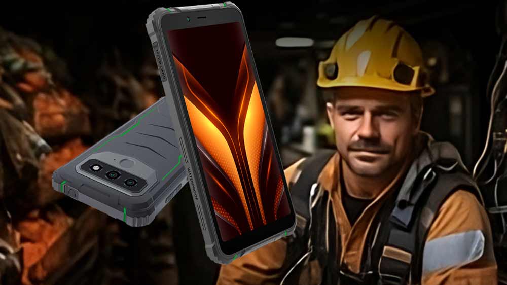 Mobilní telefon ALIGATOR RX850 eXtremo a na pozadí fotky horník_02