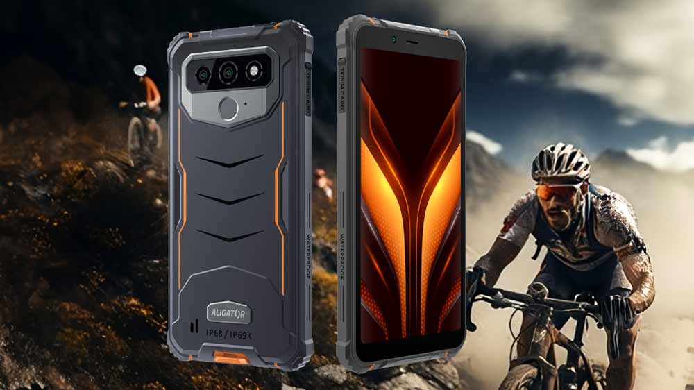 Mobilní telefon ALIGATOR RX850 eXtremo a na pozadí fotky horník_02