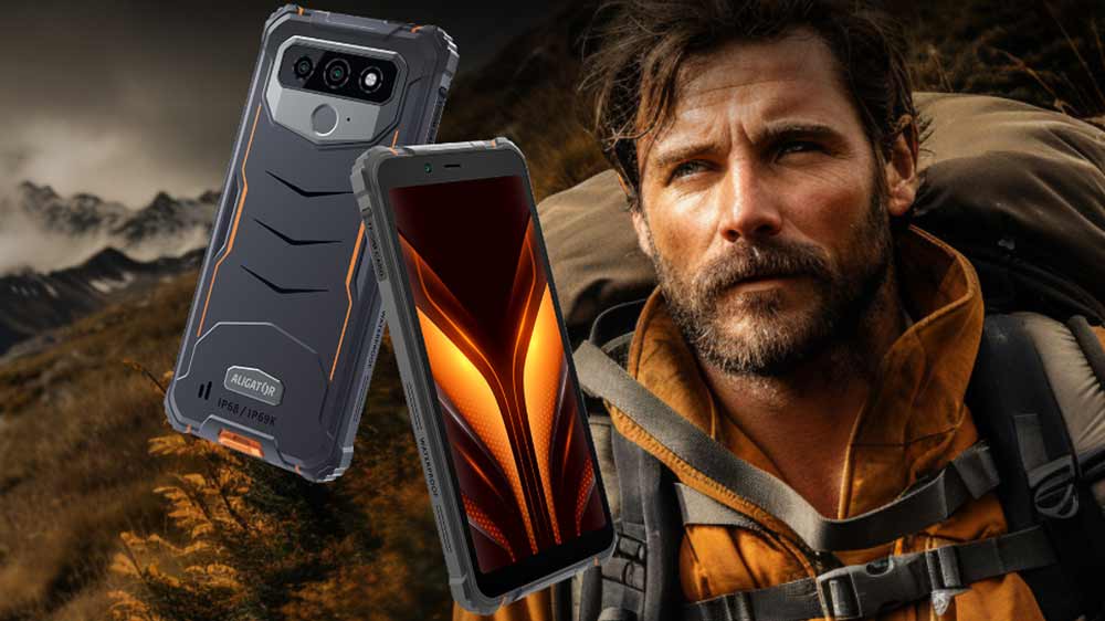 Mobilní telefon ALIGATOR RX850 eXtremo a na pozadí fotky turista_04